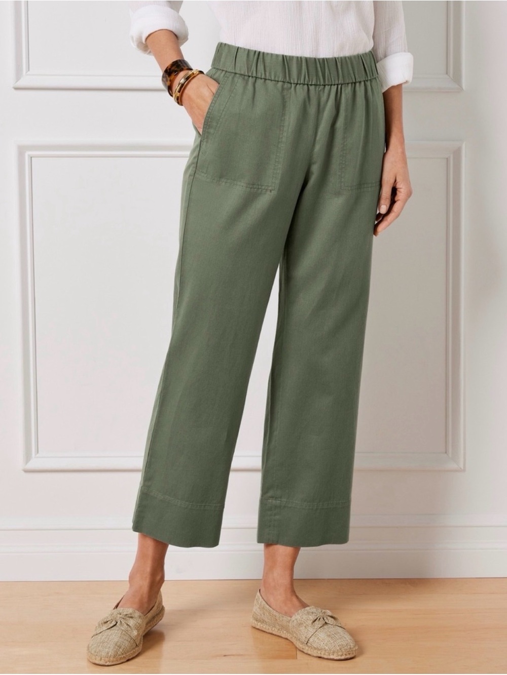 Talbots Elastic-Waist Wide Leg Pants in Olive Green